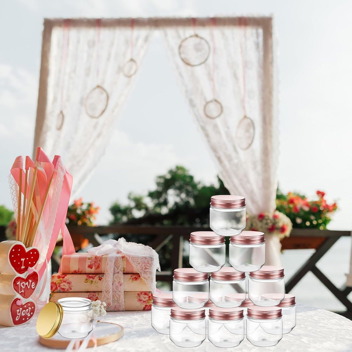 Tanlade 60 Pcs 3 oz Clear Plastic Jars with Lids Wide Mouth Mason Jars Mini Storage Containers Bulk for Herb Jelly Wedding Valentine Favors Shower Party Favors(Rose Gold)