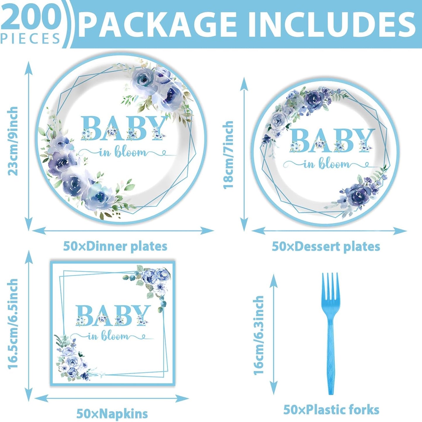 50 Guests Baby In Bloom Baby Shower Decoration Blue Flower Paper Plates Napkins Forks Spring Floral Theme Party Tableware Disposable Party Supplies Favor Plates For Boy Girl Birthday 200PCS