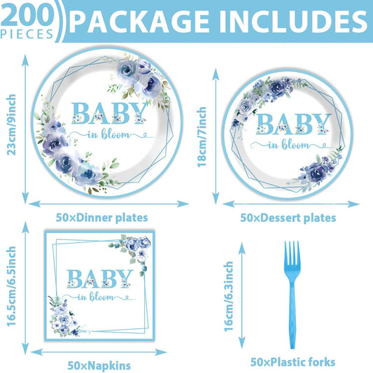 50 Guests Baby In Bloom Baby Shower Decoration Blue Flower Paper Plates Napkins Forks Spring Floral Theme Party Tableware Disposable Party Supplies Favor Plates For Boy Girl Birthday 200PCS