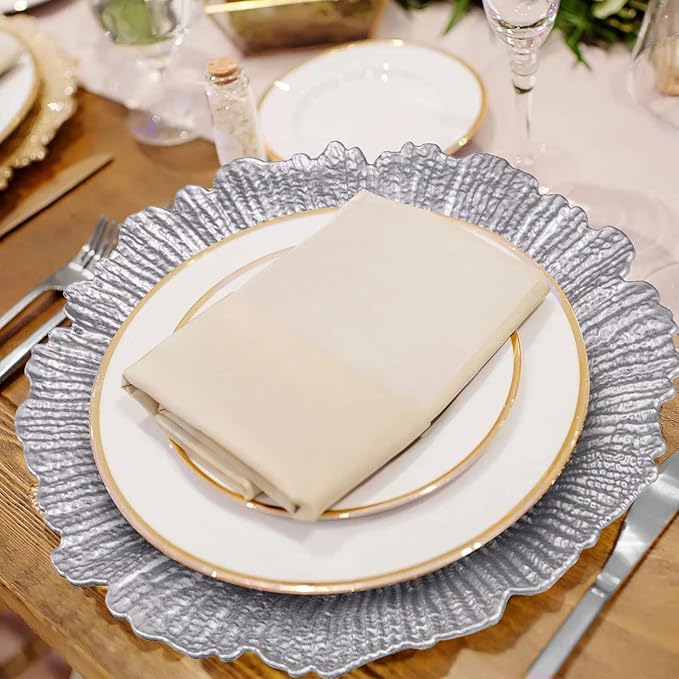 MAONAME Silver Charger Plates Set of 12, Reef Plate Chargers for Dinner Plate, Plastic Decorative Plates for Table Setting, Thanksgiving, Christmas