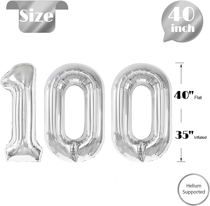 Silver Number 100 Balloon 40 inch, 100 Number Balloons, 100th Silver Birthday Decorations for Girls Boys Kids, 100 Year Old Women Men Party Supplies