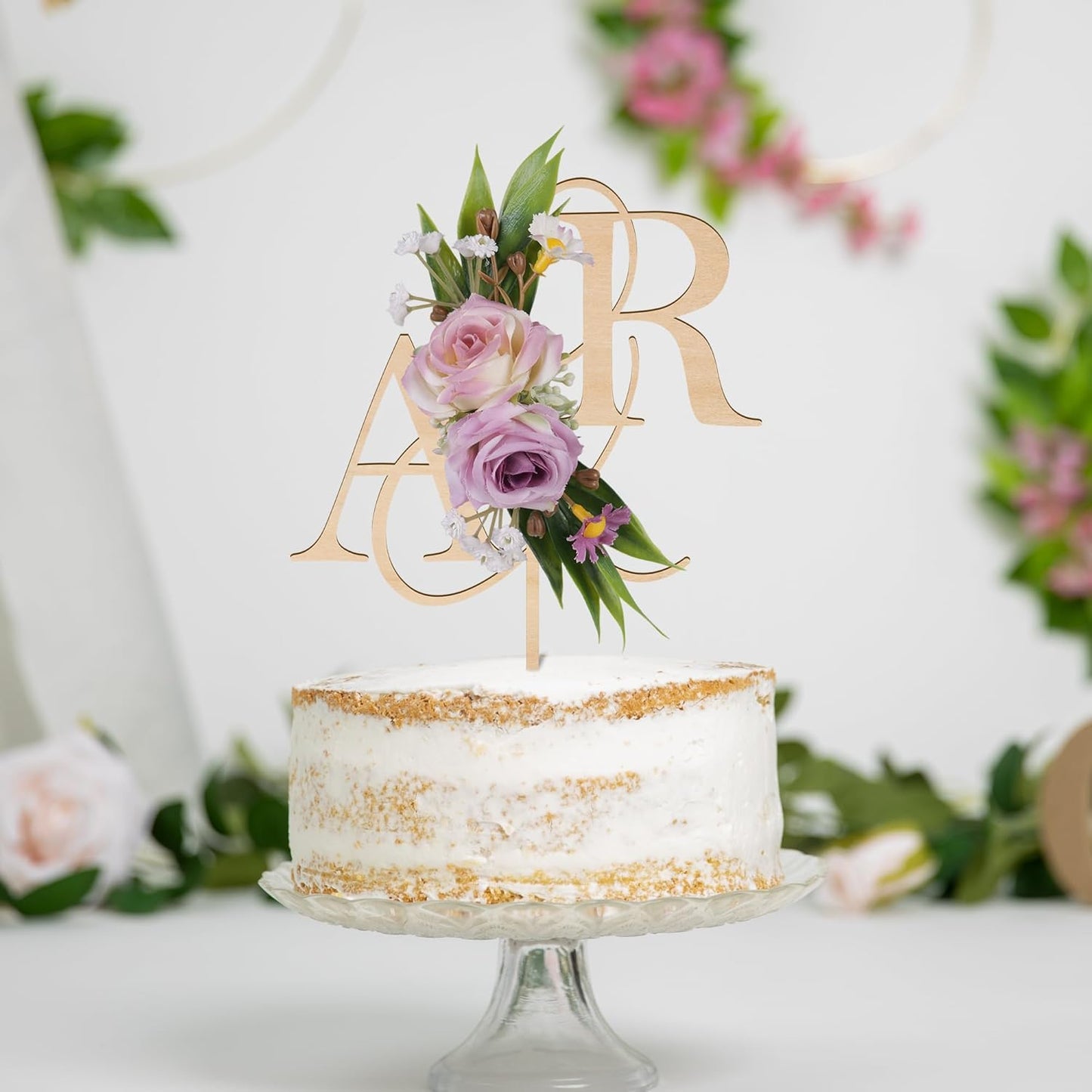 Wedding Cake Topper with 3D Artificial Flowers and Green Leaves Custom Initials Personalized Wooden Engagement Anniversary Cake Decoration