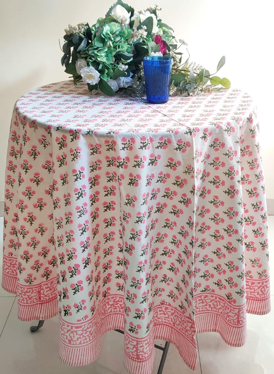 ATOSII Gulbahar White Pink 100% Cotton Spring Summer Round Tablecloth, Block Print Table Cloth for Dining, Weddings, Outdoors, Parties, Grand Millenial Home Decor 60" Inches I