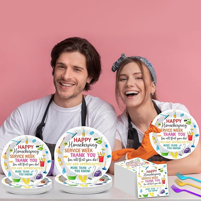 96Pcs Colorful Happy Housekeeping Week Paper Plates and Napkins We Appreciate You Disposable Tableware Thanks for All You Do Party Plate for 24 Guests Housekeepers Appreciation Party Supplies