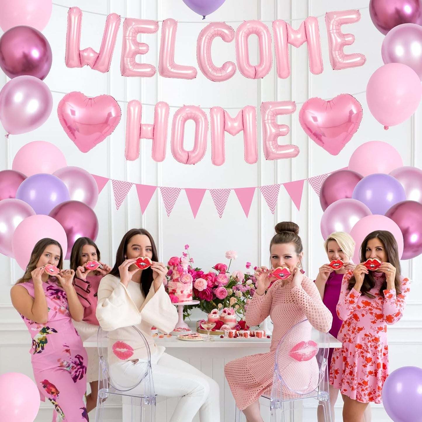 Welcome Home Decorations Pink,Welcome Home Foil Balloon Banner with Pink Heart Balloons Pennant Flag Bunting for Housewarming Baby Shower Welcome Home Baby Girl Party Supplies