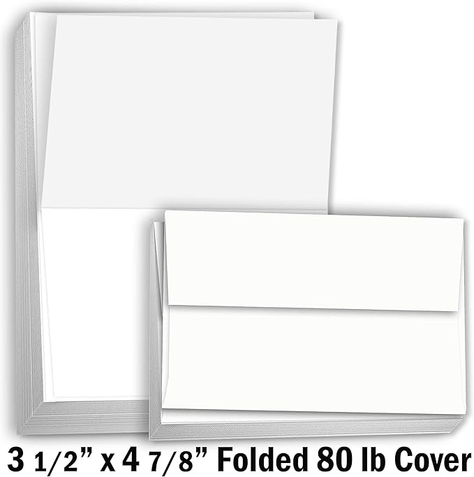 Hamilco Card Stock Folded Blank Cards with Envelopes 3 1/2 x 4 7/8" Scored White Cardstock Paper 80lb Cover - 100 Pack