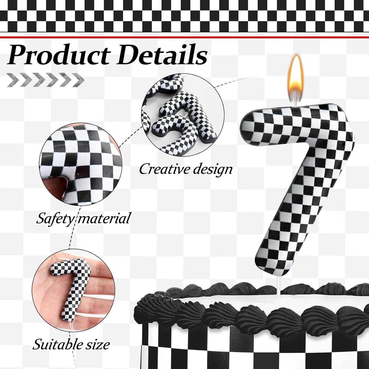 Racing Cars Themed Birthday Candle Number 7 Checkered Candle Birthday Party Decoration Cake Topper for Racing Car Party Decoration Theme Party Supplies (Number 7)