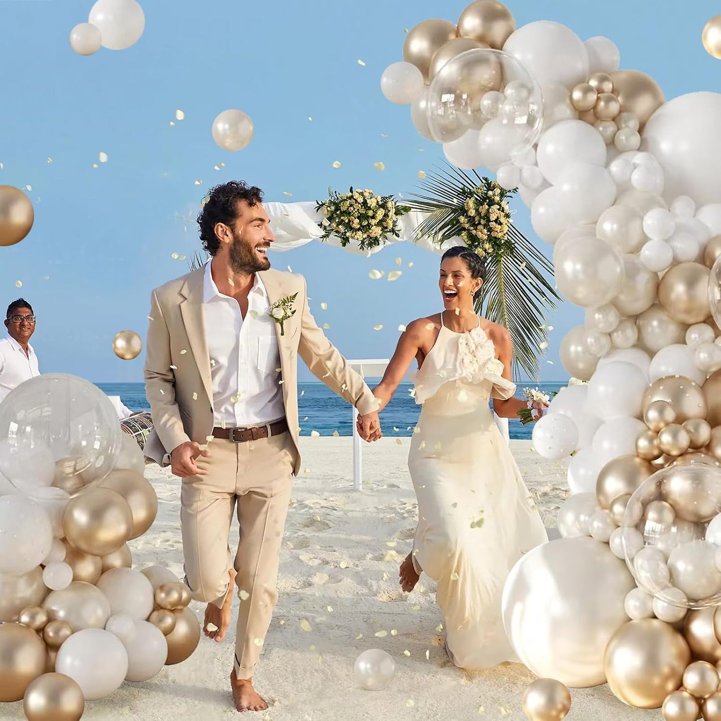 CROSSFINGERS Pearl Champagne Gold and White Balloon Garland Arch Kit, Double Stuffed 168pcs Pearl White Balloons for Birthday Wedding Baby Shower Bridal Shower Engagement Party Decoration