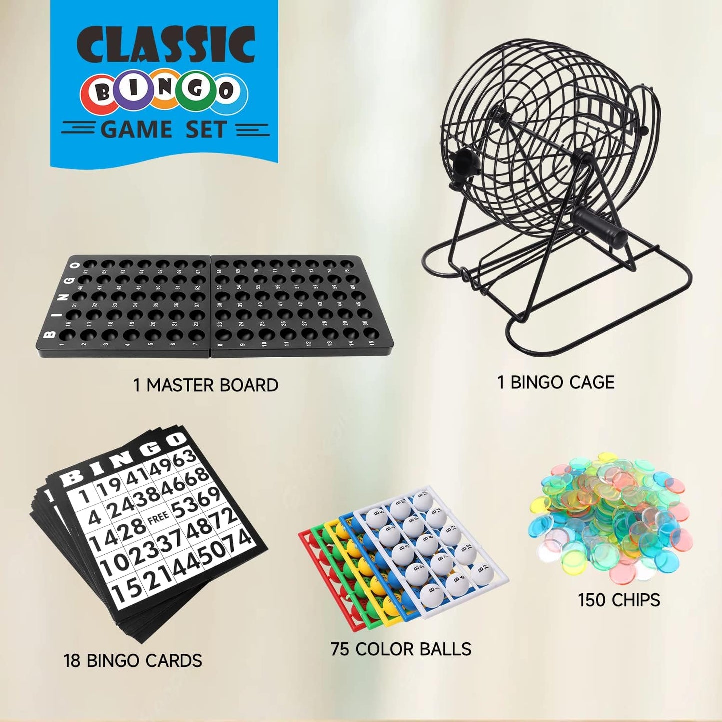 GSE Games & Sports Expert Deluxe Bingo Game Set with Steel Cage, Master Board, 75 Balls, 150 Chips, 18 Bingo Cards for Friend Parties, Game Night