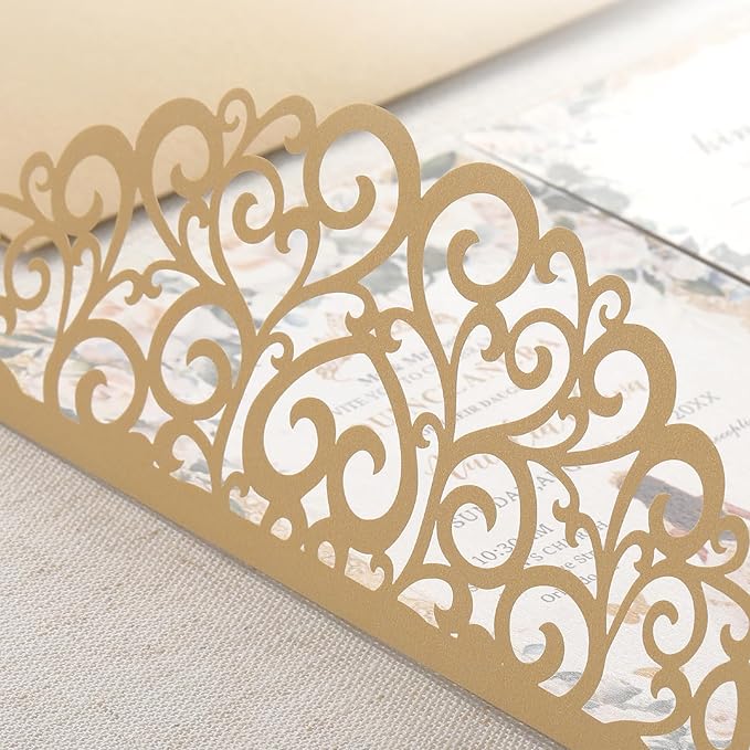 50PCS Gold Wedding Invitation, Bridal Shower Invitations Blank Personalized Wedding Rsvp Cards with Envelopes and Sticker, Pearl Paper Inserts Laser Cut Pocket for Festival Anniversary Housewarming