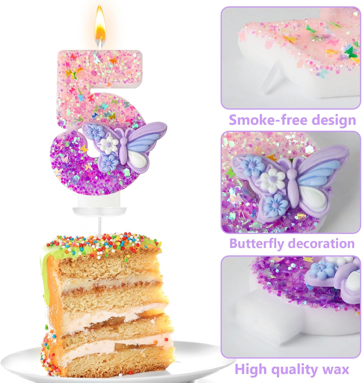 HXOUSE Butterfly Number 5 Birthday Candles - Pink & Purple Butterfly Birthday Candles for Cake, 5 Candle Topper for Anniversary Celebrations Supplies, Fairy Party Decorations for Girl (Number 5)