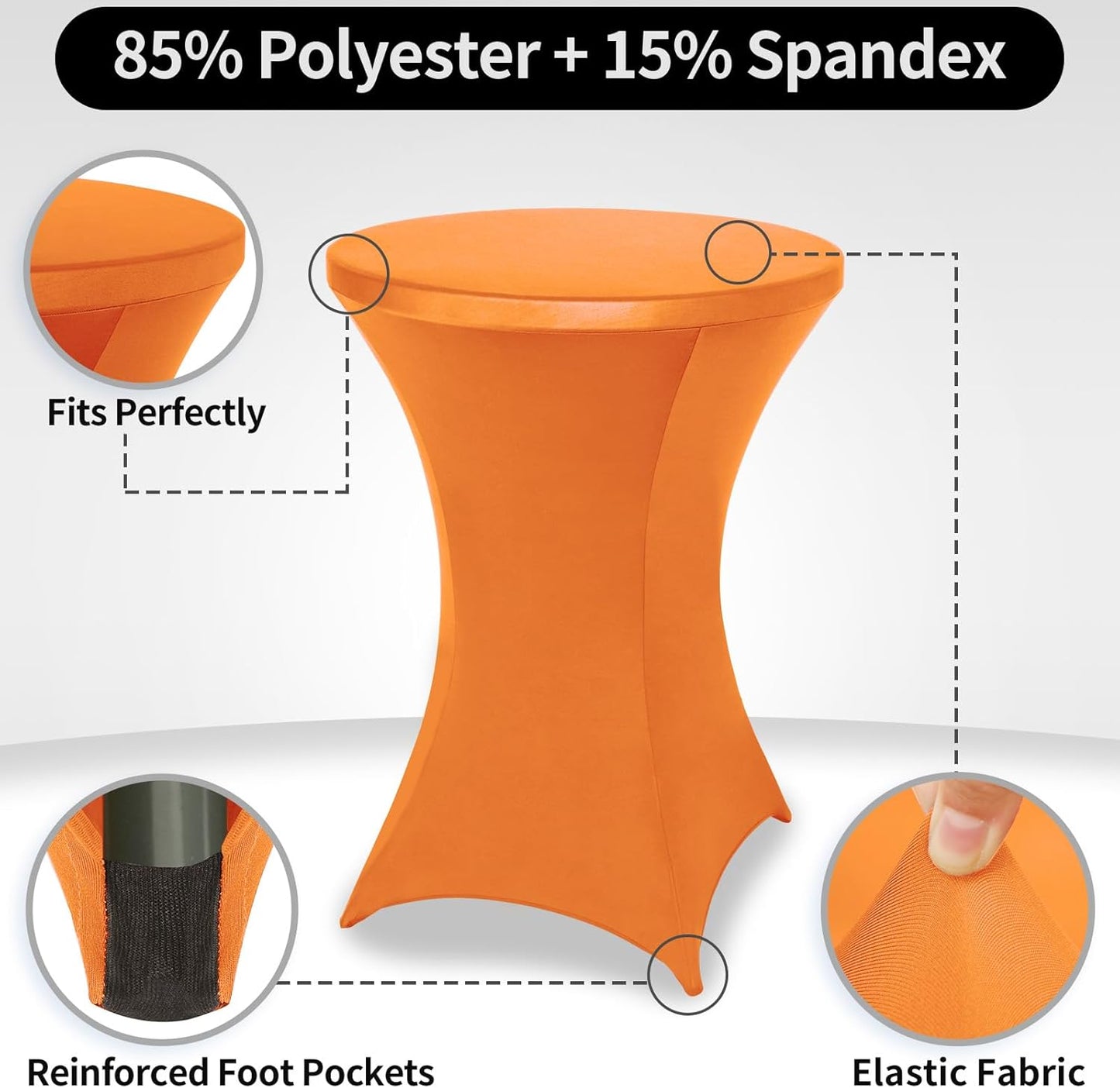 FestiCorp 2 Pack Spandex Orange Table Cover, Cocktail Fitted Tablecloths, Round Highboy Stretch Table Covers Cloths for Party, DJ, Bar, Halloween, Birthday, Banquet, 30"-32" Diameter x 40"-43" Height