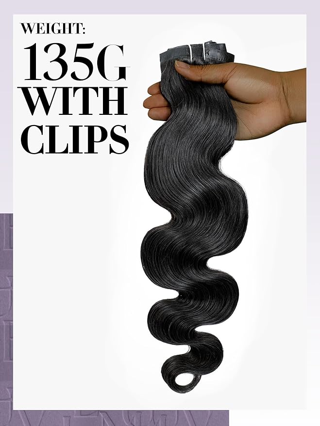 LUVME Hair Extensions Real Human Hair, Natural Black 135g 7pcs 20 Inch, Seamless Clip in Hair Extensions Human Hair Clip ins Body Wavy Hair