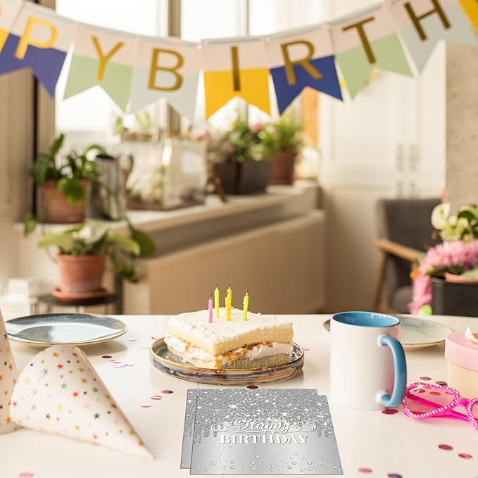 40PCS Silver Happy Birthday Napkins Silver Theme Party Decorations Disposable Cocktail Napkins for lunch,Dinner,Birthdays, Weddings, Baby Showers Party Decoration Supplies