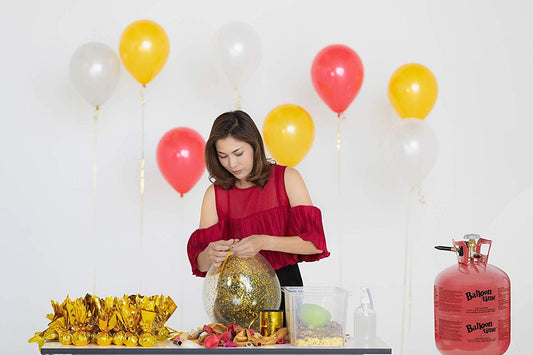 Helium Tank with 50 Balloons and White Ribbon + 12 White Balloon Weights + Plus Balloon Tying Tool