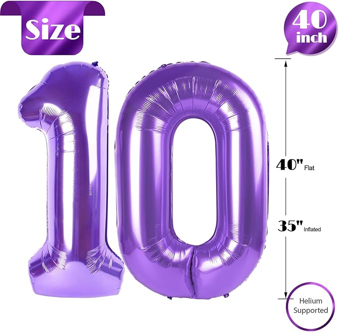 Purple Number 10 Balloon 40 Inch, 10th Birthday Party Decorations for Children, Giant 10 Foil Balloon for Party Supplies