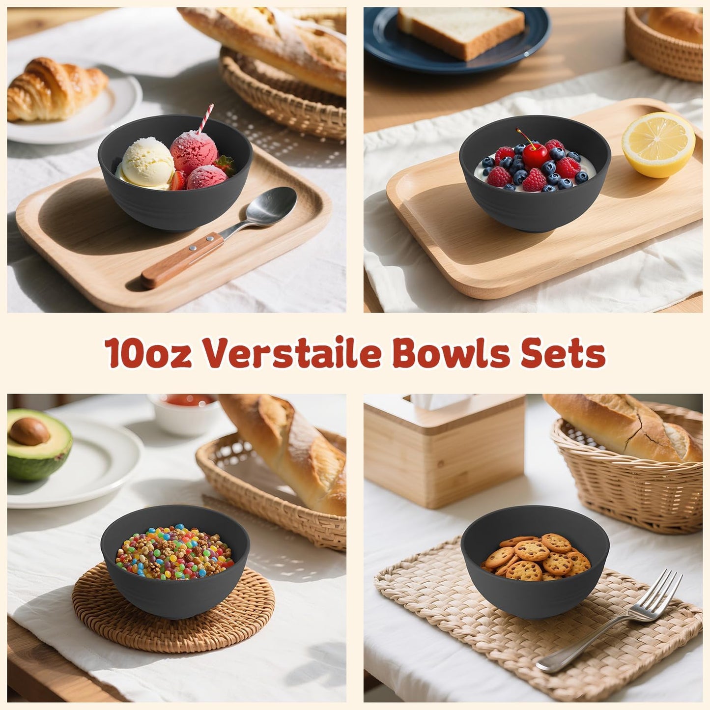 Wrova Handy Wheat Straw Bowls Set of 6,Unbreakable Ice-Cream Bowls Sets for Kids,10oz Small Dessert Bowls for Kitchen,Camping and RV.Black Series