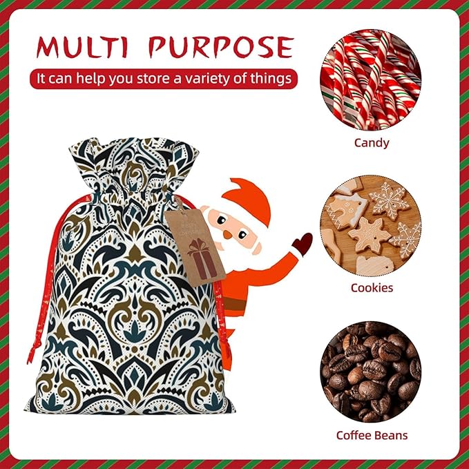 Jhggffd Boho Flower Pattern Christmas Gift Bags Christmas Treat Bags Cloth Christmas Gift Bag Drawstring Christmas Bags for Gifts Favor Bags Reusable Xmas Gift Bags for Holiday Party