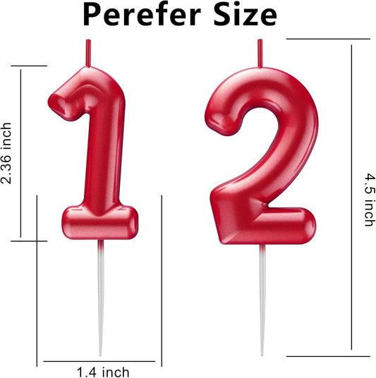 Red Number 12 Candle Happy Birthday 3D Number Candles for Birthday Cake Party Decoration Wedding Anniversary Celebration Supplies