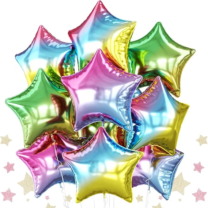 Biapian Gradient Star Foil Balloons, 10PCS Rainbow Foil Stars Shape Balloons, 18 Inch Multicolor Stars Balloon Aluminum for Helium for Kids Birthday, Baby Shower Wedding ColorfulParty Decoration