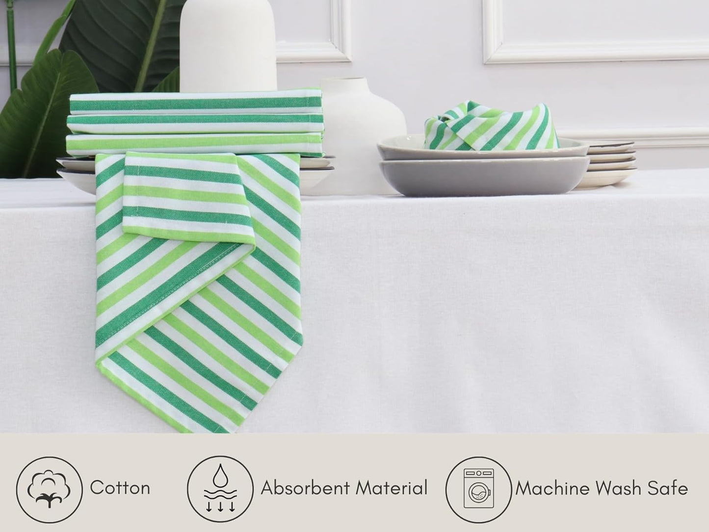 PurpleEssences Plain Striped Cloth Napkins - Set of 12-100% Cotton - 18 x 18 Inch - Fall Thanksgiving - Perfect Everyday Use Dinner Napkin - St Patricks Green