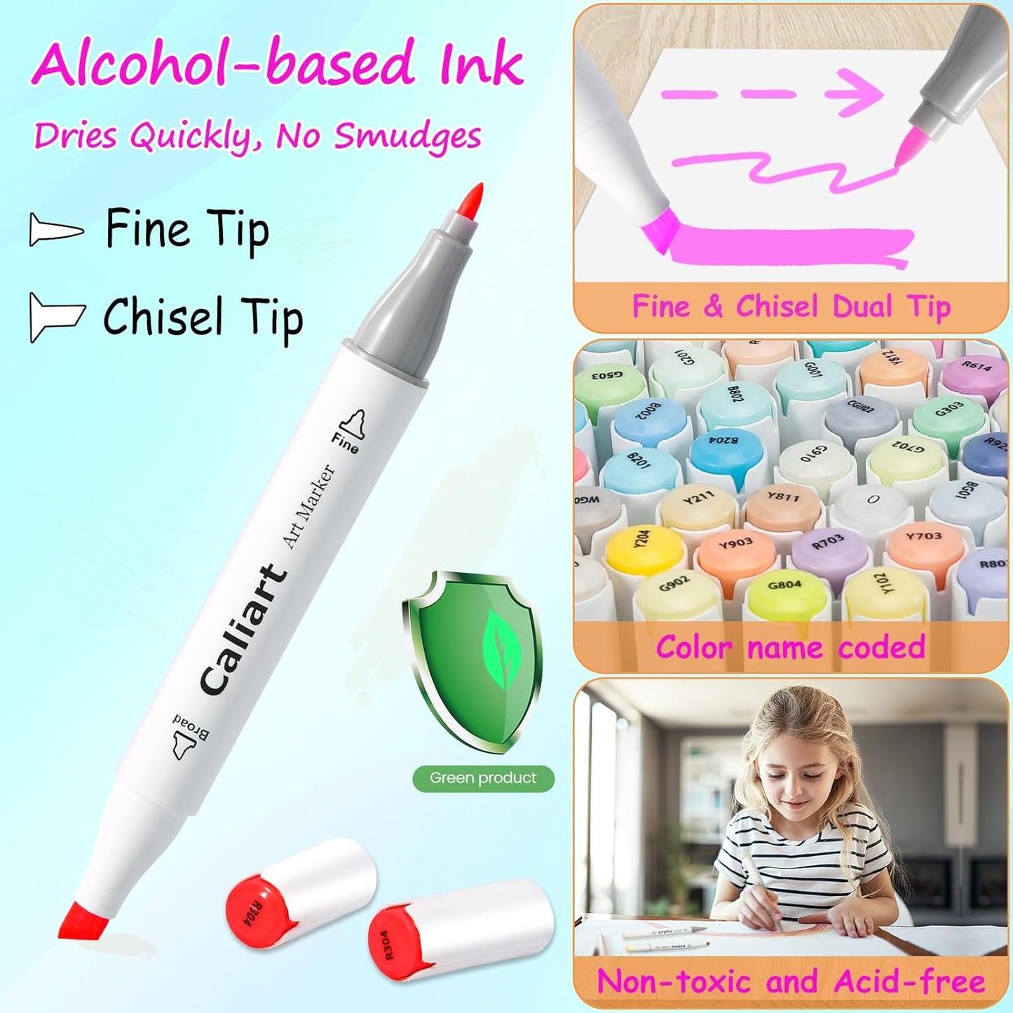 Caliart Alcohol Based Markers, 180 Colors Art Marker Set Fine & Chisel Dual Tip, Permanent Colored Pens for Adults Coloring Book Artists Illustration Sketch Lettering Drawing Cards Planner