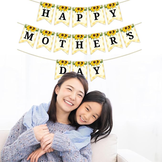 Happy Mother's Day Banner Set Decoration for Mother's Day Party Decorations Backdrop Garland for Mom Glitter Garland Photo Props (Yellow Sunflower)