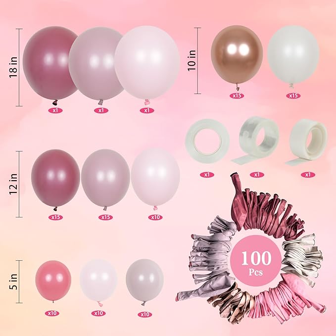 Dusty Pink Balloon Garland Arch Kit - Double Stuffed Dusty Rose, Mauve & Light Pink Balloons for Baby Shower, Birthday, Bridal Shower Decor