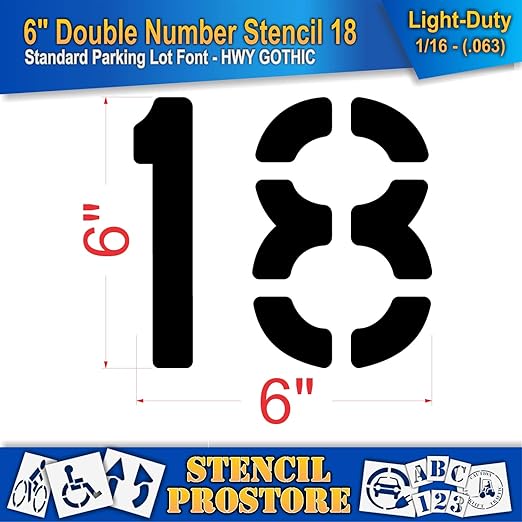 Pavement, Curb, and WheelStop Stencils - 6 inch Double Number Stencil - (18) - 6" x 6" x 1/16" (63 mil) - Light-Duty