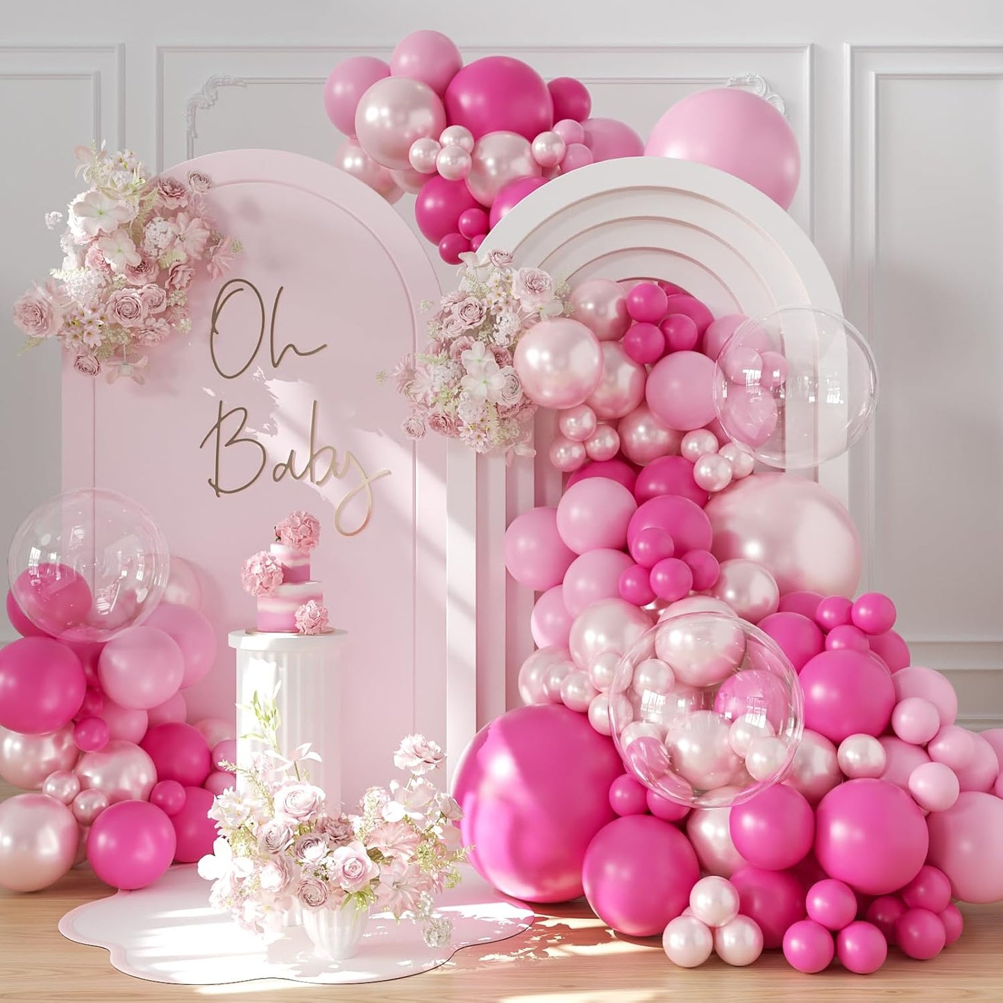 Hot Pink Balloon Arch Kit 101Pcs Double Stuffed Pearl Pink Light Pink Clear Balloon Different Size for Princess Wedding Birthday Baby Shower Bachelorette Party Decorations