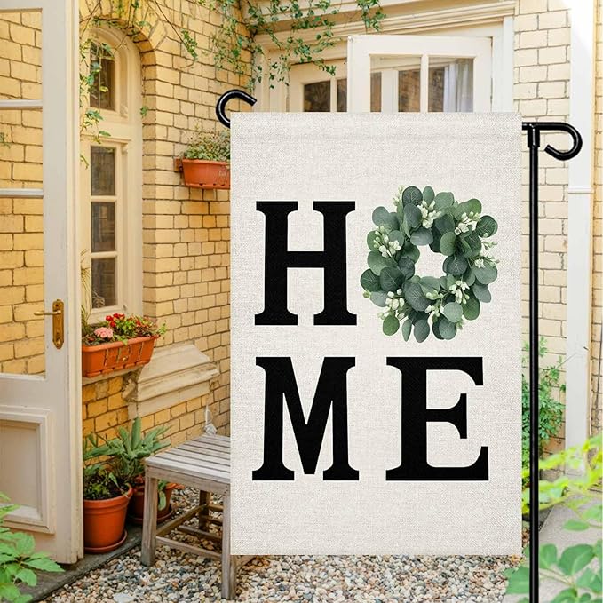 Home Green Eucalyptus Leaves Garland Garden Flags 28x40 Inch Double Sided Welcome Yard Flags for Outdoor Decor Retro Linen Yard Outside Seasonal Decoration