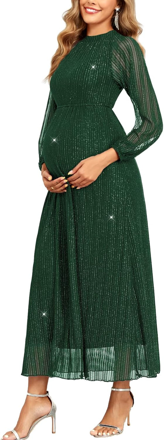 Maternity Sparkly Mesh Dress Halter Neck Sleeveless A Line Pregnancy Dresses Semi Formal Baby Shower Photoshoot