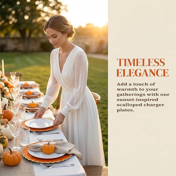 Orange Charger Plates, 13 Inch Plastic Round Dinner Charger Plates for Wedding Party, Tabletop Decor. (Set of 6)