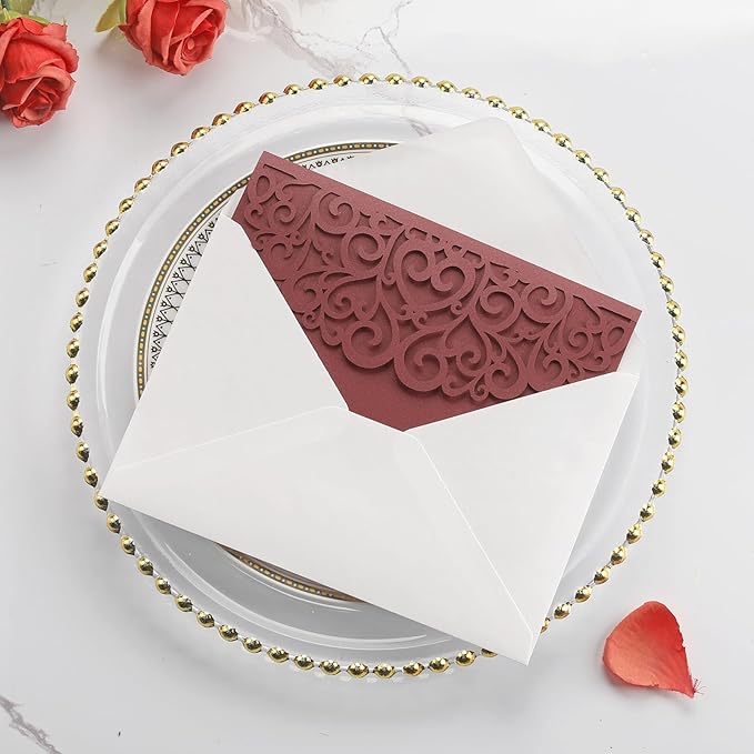 50PCS Burgundy Wedding Invitation Bridal Shower Invitations with Envelopes RSVP- Laser Cut, Personalized Paper Cards for Birthday Party Quince Anniversary