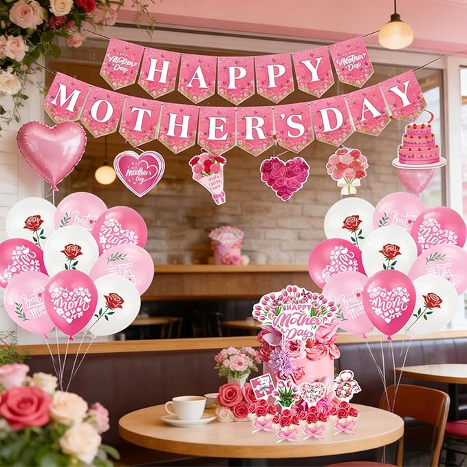 Happy Mother’s Day Party Decorations, Mom Pink Party Supplies Kit with Backdrop, Banner, Cake Topper, Cupcake Picks, Balloons & Hanging Swirls for Mother’s Day Celebration
