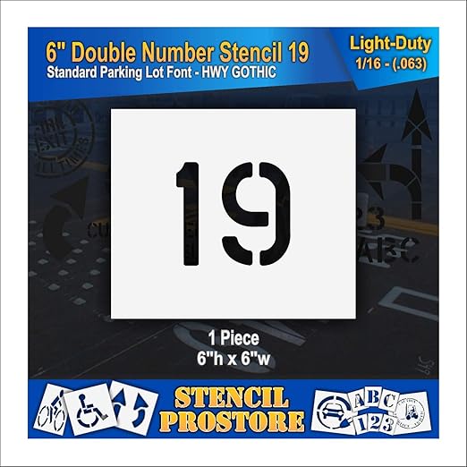 Pavement, Curb, and WheelStop Stencils - 6 inch Double Number Stencil - (19) - 6" x 6" x 1/16" (63 mil) - Light-Duty