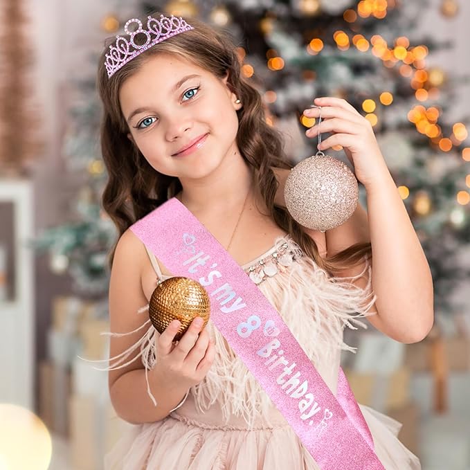 8th Birthday Party Decorations Set for Girls- Pink Crown, Glitter Sash, Number 8 Candle & Cake Topper Kit for Birthday Celebrations Party Supplies Gift