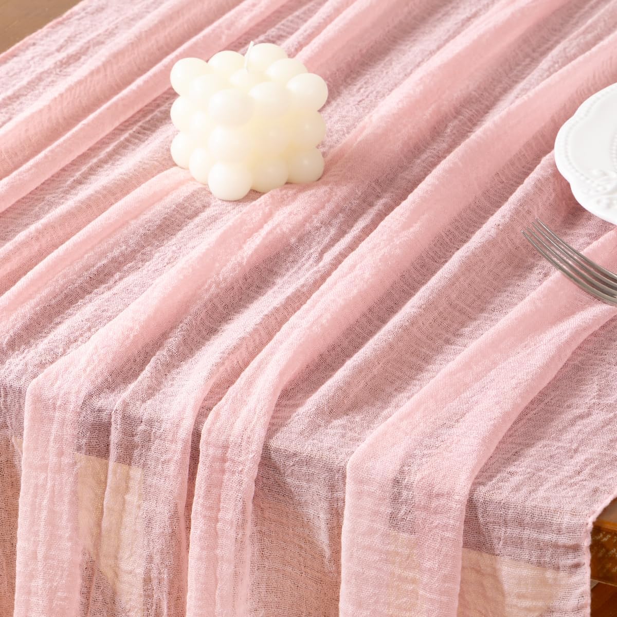 Socomi Pink Gauze Fall Thanksgiving Cheesecloth Table Runner Blush 120 Inch Rustic Boho Cheese Cloth Runner for Wedding Party Baby Bridal Shower Centerpiece Decoration Holiday Home Decorations