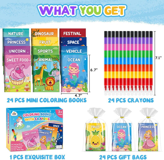 ZMLM 24 Coloring Books for Kids Party Favors: Bulk 24 Crayons Mini Coloring Books for Kids Ages 4-8 Birthday Goodie Bags Stuffers Toddlers Return Gifts Classroom Prizes Teacher Crafts (Classic)