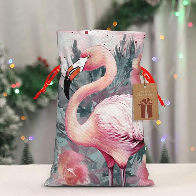 QSMJKLD Drawstring Christmas Gift Bags Vintage Boho Flamingo Florals Gift Bag Burlap Xmas Candy Pouch Reusable Christmas Wrapping Bag Xmas Party Favor Bags for Holiday Wrapping Presents Medium