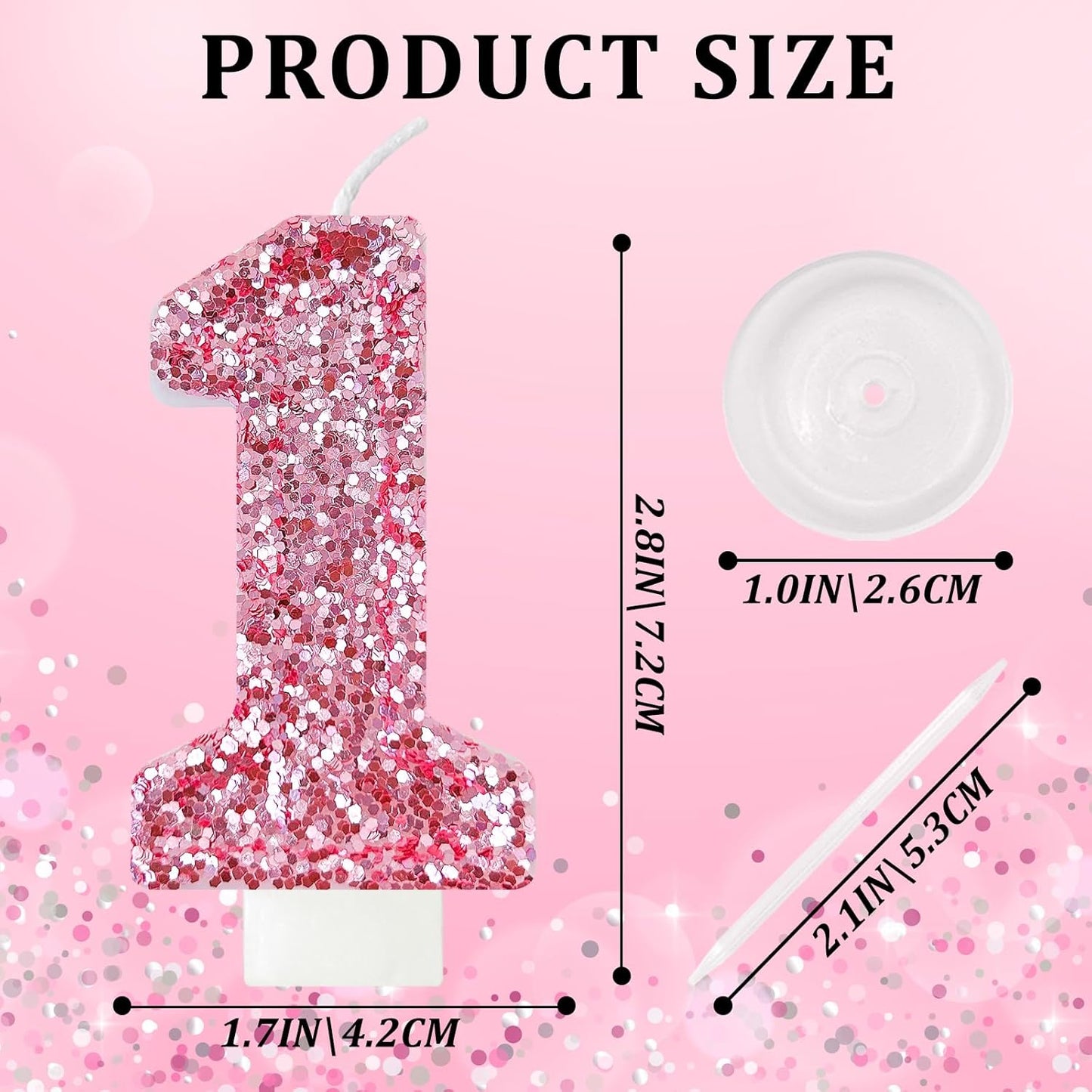 Birthday Number Candles, Glitter Number Candle Cake Decorations with Sequins, Cupcake Decorations for Girls, Women, Party Anniversary Celebrations (Number 1, Pink)