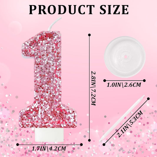 Birthday Number Candles, Glitter Number Candle Cake Decorations with Sequins, Cupcake Decorations for Girls, Women, Party Anniversary Celebrations (Number 1, Pink)
