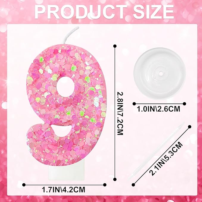 Zailo Birthday Number Candles, Glitter Number Candle Cake Decorations with Sequins, Cupcake Decorations for Girls, Women, Party Anniversary Celebrations (Number 9, Light Pink)