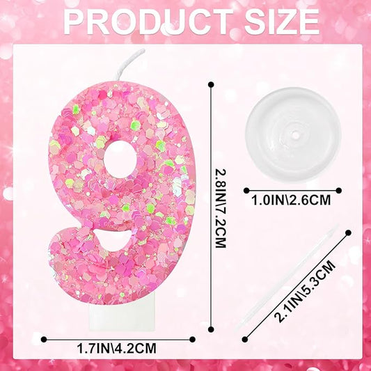 Zailo Birthday Number Candles, Glitter Number Candle Cake Decorations with Sequins, Cupcake Decorations for Girls, Women, Party Anniversary Celebrations (Number 9, Light Pink)