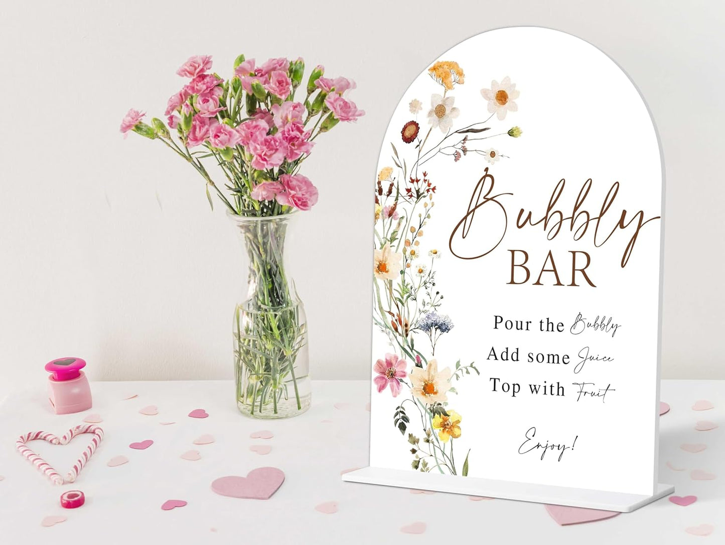 Bubbly Bar Sign, Flower Style Bubbly Bridal Shower Sign for Wedding, Engagement, Bridal Shower and Reception, Bridal Shower Decorations, Wedding Shower Favors, 6X8 Inch Acrylic Arch Sign with Stand,4