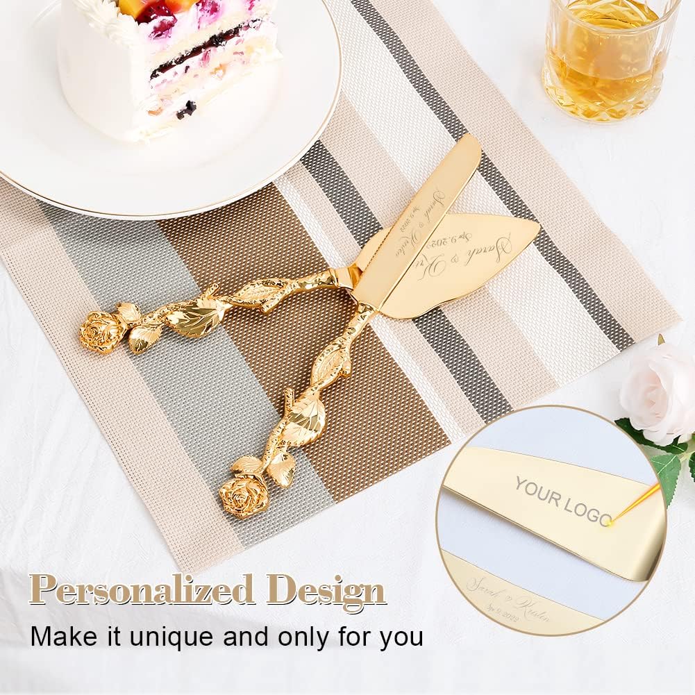 Cake Cutting Set for Wedding, Personalized Gold Cake Knife and Server Set, Custom Cake Serving Set, Engraved Pastry Pie Server Cake Pizza Cutter, Birthday Bridal Gift (CUS-Rose)