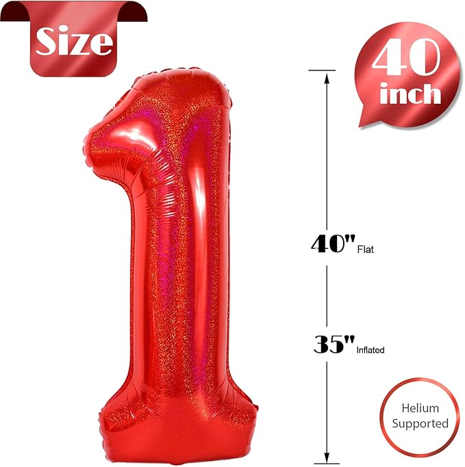 40 Inch Laser Red 1 Balloon for First Birthday, 1st Number Balloons Birthday Decorations for Girl Kids Toddler Baby, One Giant Number 1 Balloon