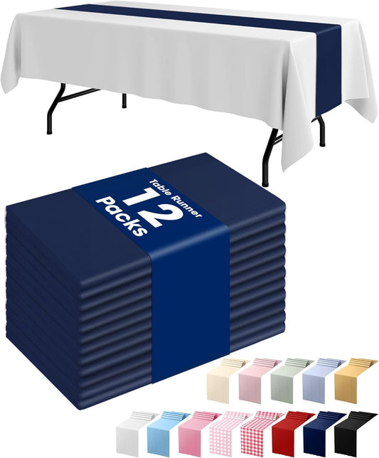 Pureegg Navy Blue Plastic Table Runners - 12 Pack, 14'' x 108'', Water Resistant & Disposable Centerpiece Decorations for Table Cloth, Wedding, Birthday, Holiday, Baby Shower, Party, Home Decor