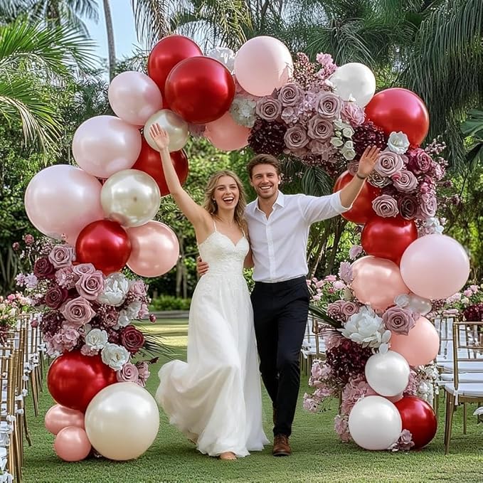 Red Pink White Balloons Double Stuffed Burgundy Pink Balloons Different Sizes Pearl White Burgundy Balloon Arch Kit for Bridal Wedding Birthday Baby Shower Mother's Day Party Decoration