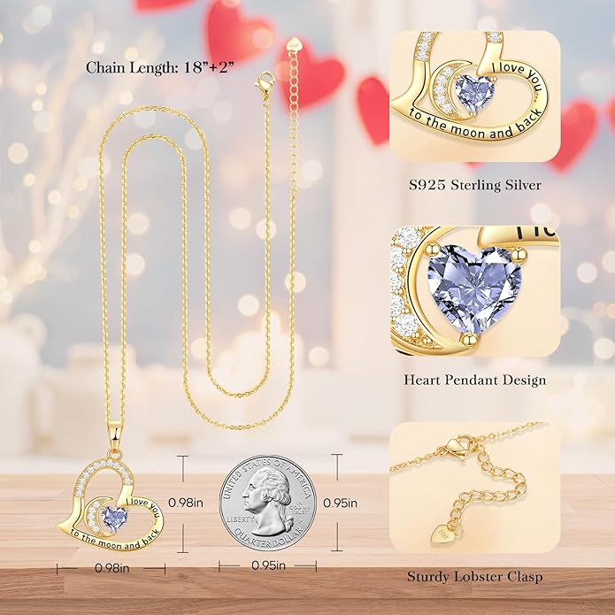 Anniversary Necklace for Women Birthstone Jewelry for Wife Gifts for Her Wife Birthday Gift Ideas Anniversary for Girlfriend I love you to the moon and back Necklaces Filled 925 Sterling Sliver